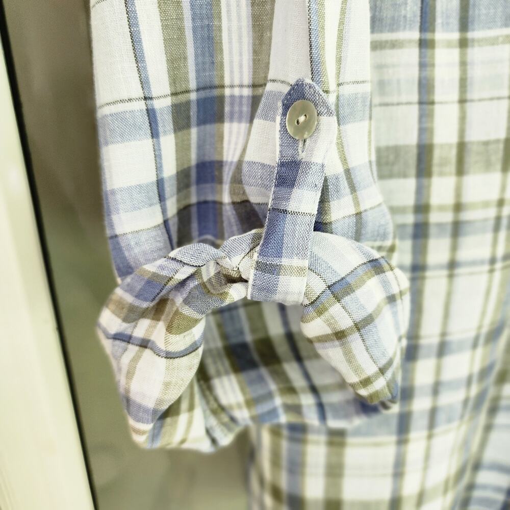 J.Jill Love Linen Size Large Blue Plaid Button Front Long Sleeve Shirt Pockets - Picture 11 of 12